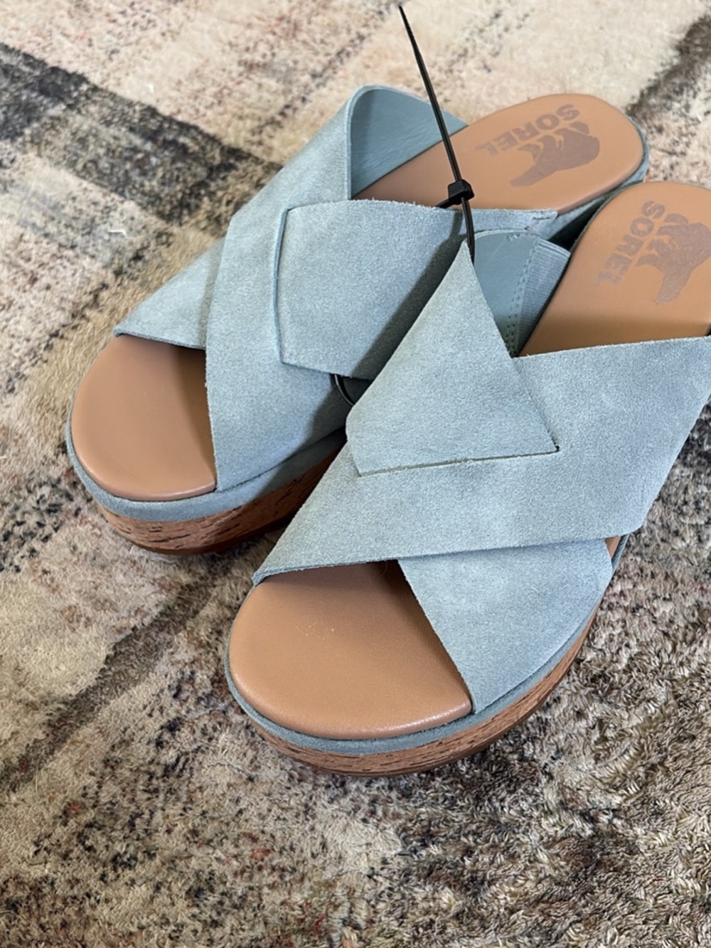 Sorel Pale Blue Suede Crossover Wedge Slides